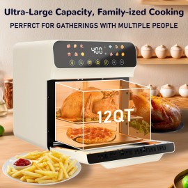 [Smart Air Fryer Oven] 12-in-1 Large 12-quart Air Fryer Oven | 12 One-Touch Preset Functions, Smart Cook Program, Two Baking Pan Accessories, Viewing Window, Interior Light, Adjustable Time & Temp, Oil-Free Family Cooker, Kitchen Appliances