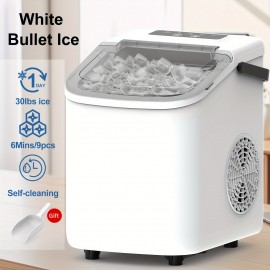 Ice Maker with A Handle On The Countertop. It Can Make 9 Bullet-shaped Ice Cubes In 6 Minutes, with A 24-hour Ice-making Capacity Of 26 Pounds. It Is Equipped with An Automatic Cleaning Function And Comes with An Ice Basket And An Ice Scoop.