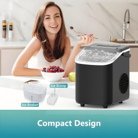 Ice Maker with A Handle On The Countertop. It Can Make 9 Bullet-shaped Ice Cubes In 6 Minutes, with A 24-hour Ice-making Capacity Of 26 Pounds. It Is Equipped with An Automatic Cleaning Function And Comes with An Ice Basket And An Ice Scoop.