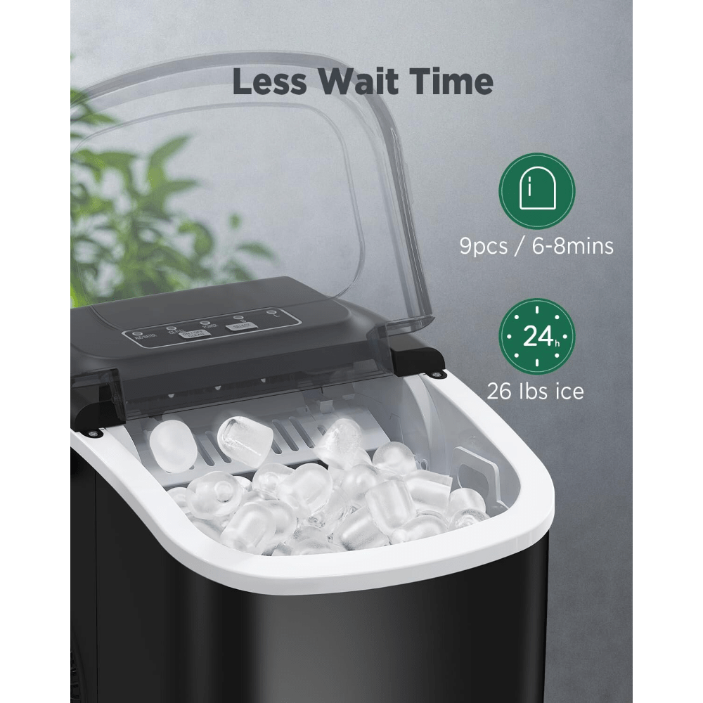 Table Top Ice Maker with Handle, Makes 20 Pounds of Ice in 24 Hours, 9 Ice Cubes in 7 Minutes, Self-Cleaning Portable Ice Maker with Basket and Scoop for Home/Kitchen/Camping/RV. (Black)