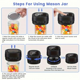 Mason Jar Vacuum Sealer with Vacuum Bags, Suitable for Wide and Regular Mouth Mason Jars, for Storing Dry Goods, Includes 5 Wide and 5 Regular Mouth Mason Lids